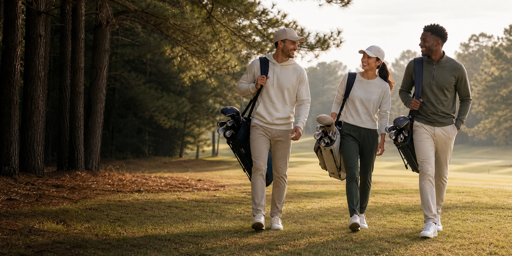 Three friends carrying golf bags and walking together on a pine-lined course