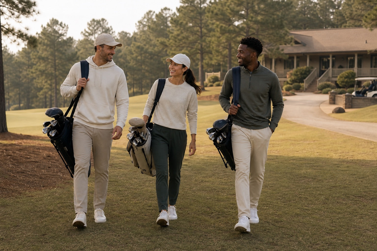 Friends walking together with golf bags after a relaxed round